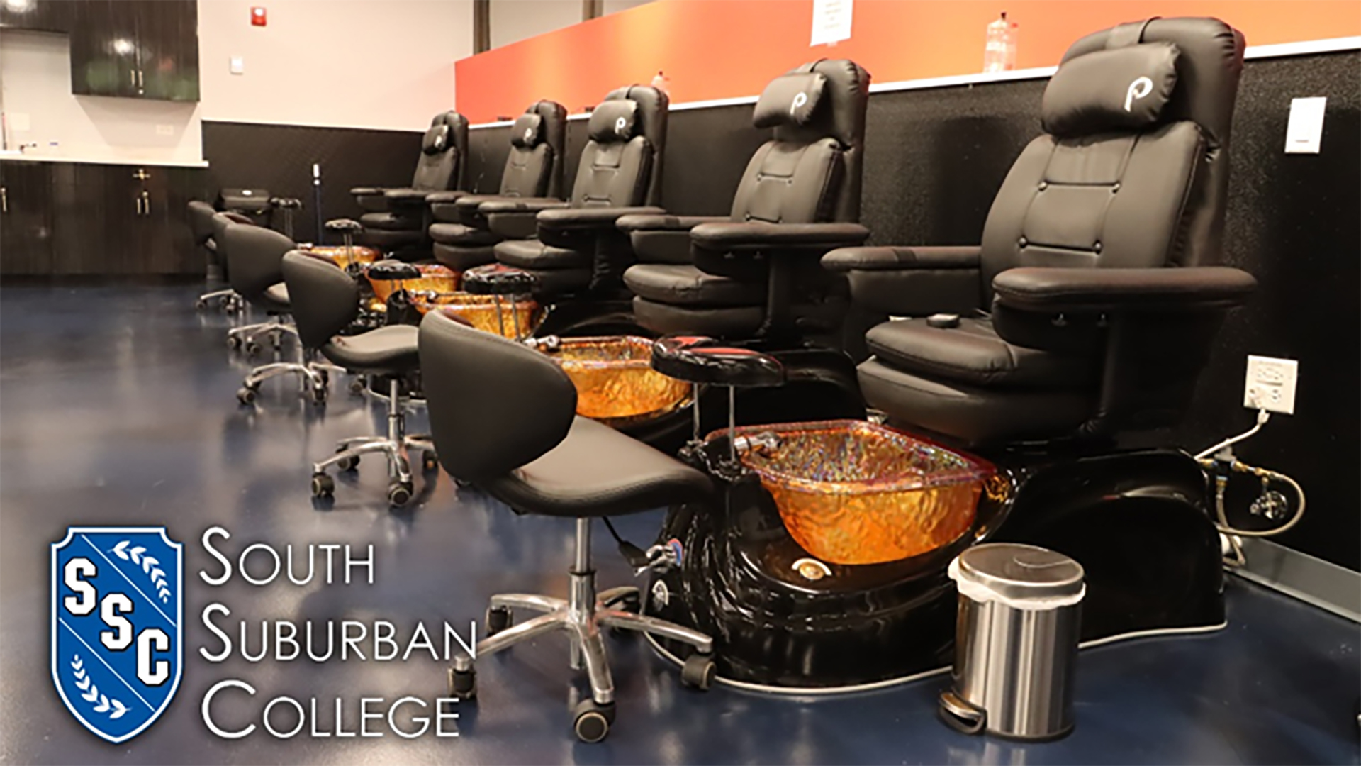 Five pedicure stations at the South Suburban College Cosmetology School.