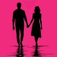 Silhouette of two people holding hands on a pink background