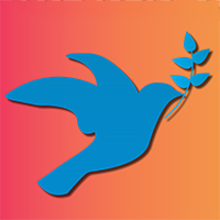 An outline of a blue bird of peace on a colorful background.